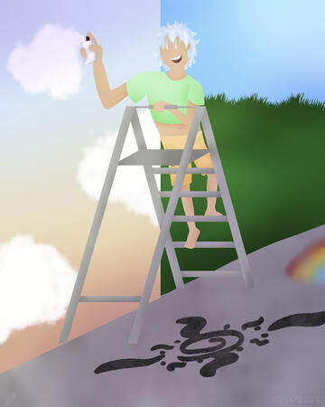 Cloudy Blue Personnage aux cheveux bleux sur une échelle en train de faire des graffitis sur un mur