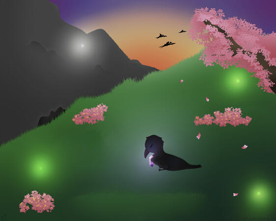 Fond d'écran d'ordinateur, avec un corbeau au centre, et une branche de cerisier en haut à droite.