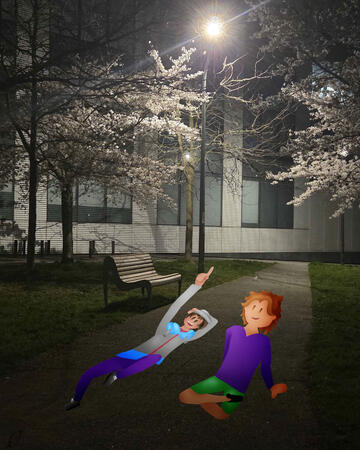 Guï et Yukkel, deux personnages, incrustés dans une photo prise la nuit sous un lampadaire