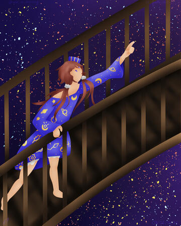 Personnage sur un pont dans la nuit avec un ciel étoilé