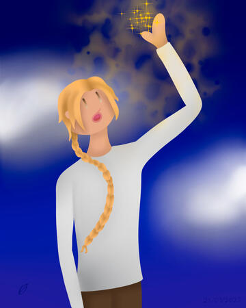 Yuï Sparkles Personnage aux cheveux blonds formant une longue tresse, qui fait de la magie et des étincelles avec sa main gauche